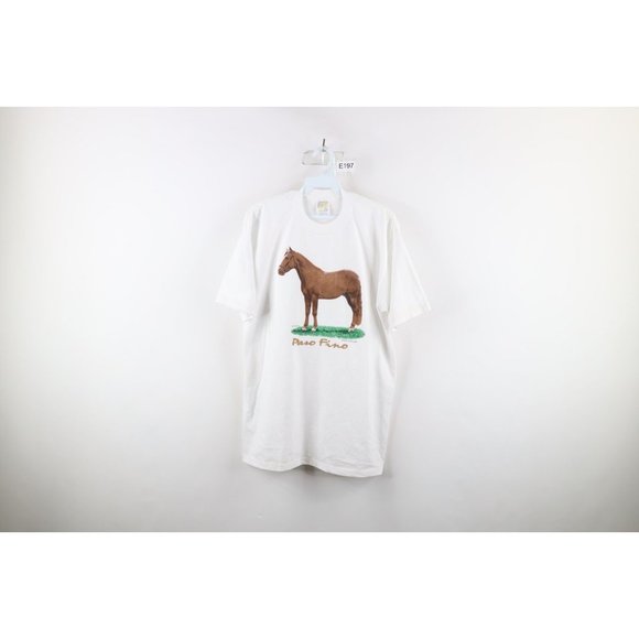 Vintage 90s Womens Large Spell Out Paso Fino Horse Equestrian T-Shirt White USA - Picture 1 of 11